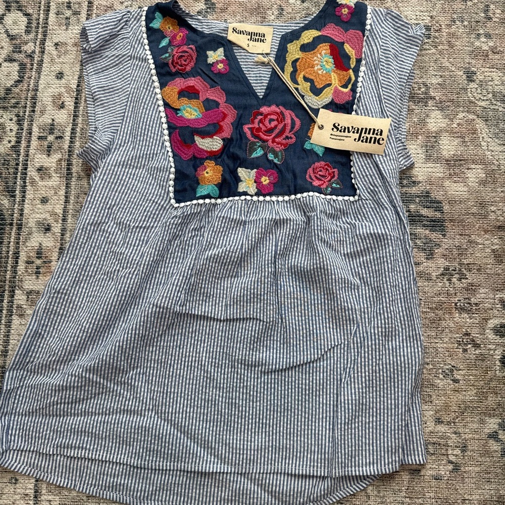 NWT! Savanna Jane Navy Striped Blouse with Floral Embroidery